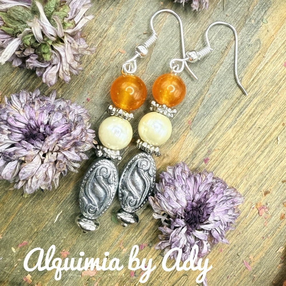 Silver orange jade dangle spheres boho earrings